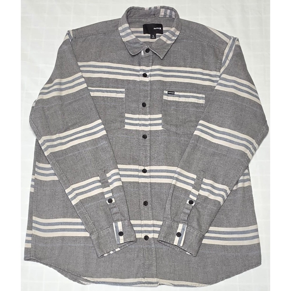 Hurley-Mens Long Sleeve-Button Down Shirt- Large-Gray-Casual-Striped